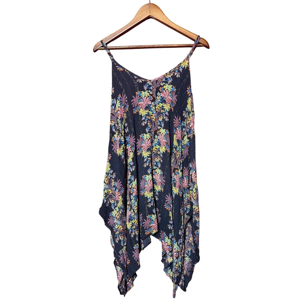 Unbranded Women NA Tropical Sharkbite Hem‎ Navy Blue Gold Metallic Boho Sun Top